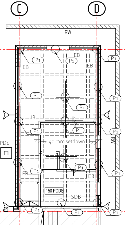 Structural slab plan — piers, edge beams and pods
