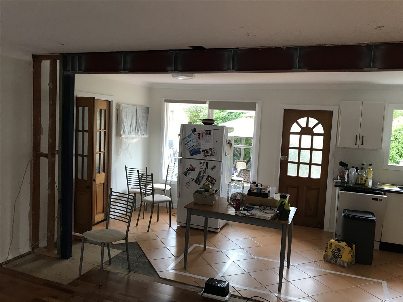 Steel beam installed to open up the kitchen and dining