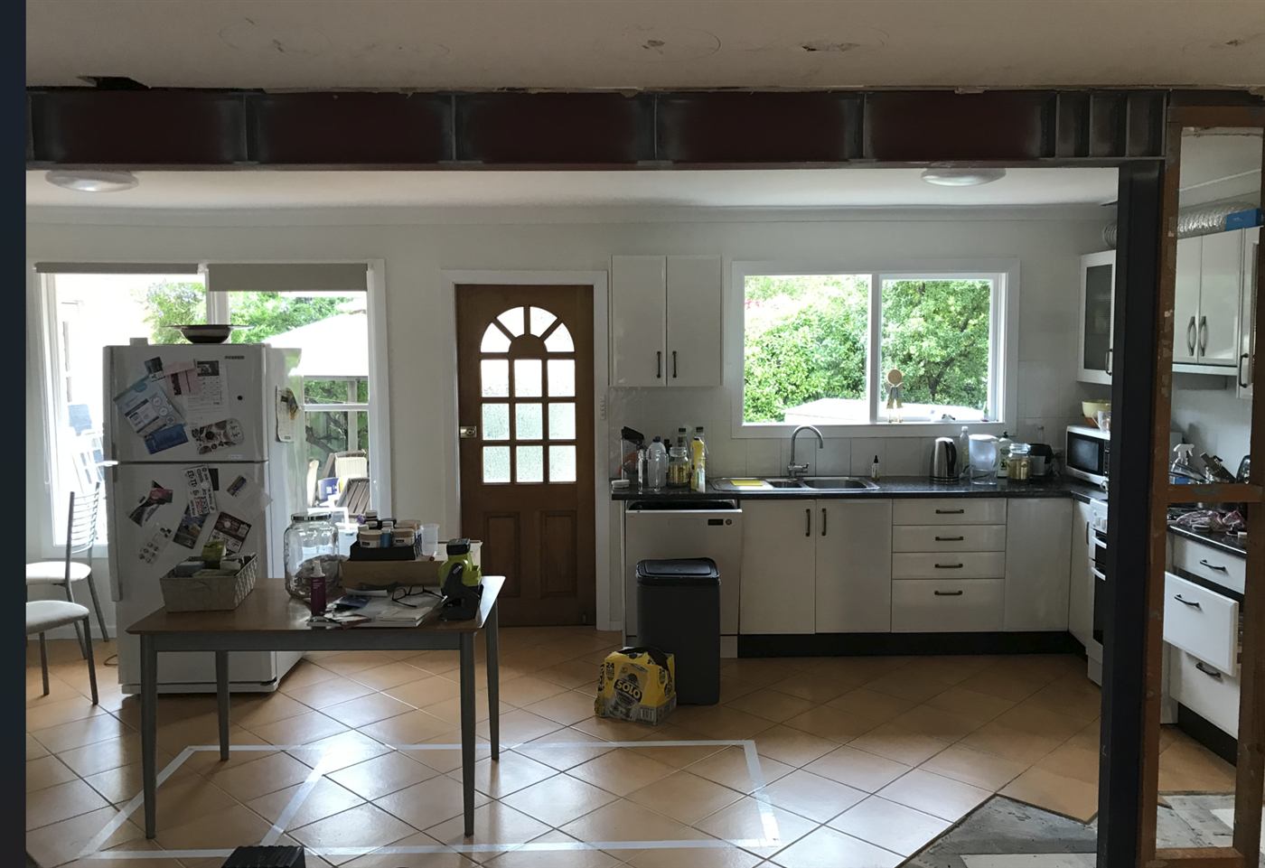 The opened-up open-plan kitchen and living area