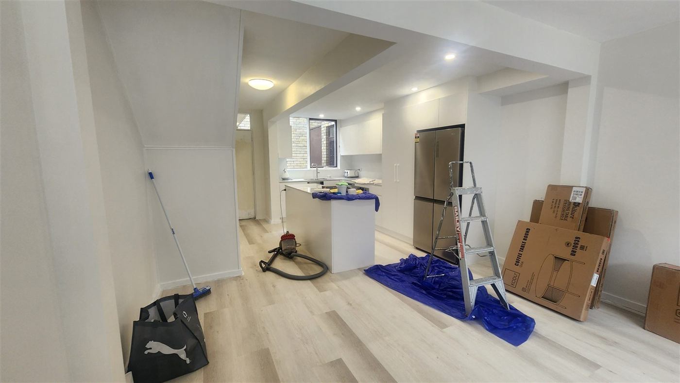 Finished open-plan kitchen and living, Lane Cove
