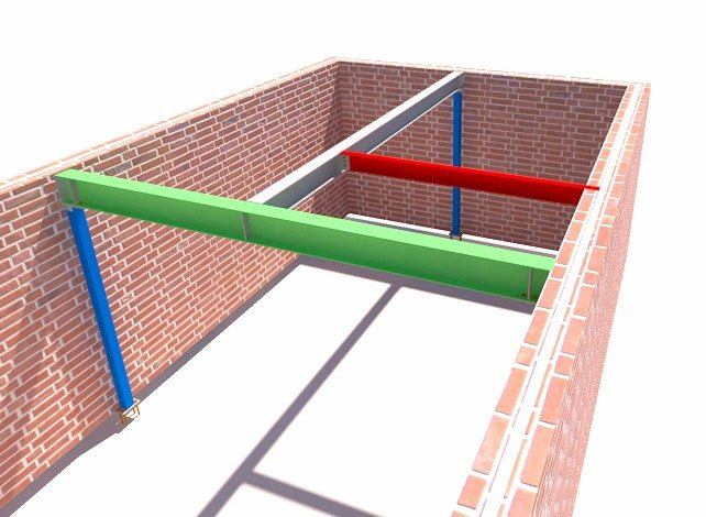3D structural model — steel beams and posts on masonry walls